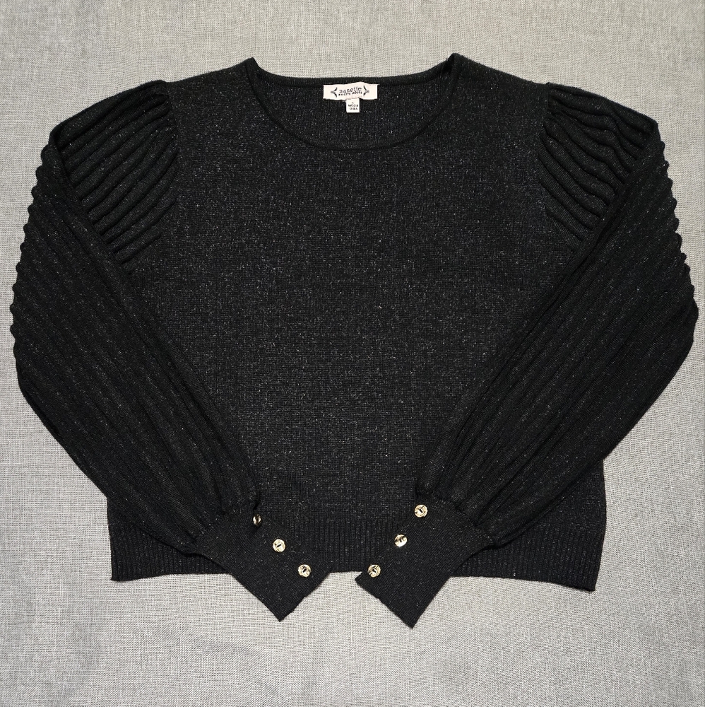 Nanette Lepore Black and Silver Sparkle Knit Sweater Ribbed Sleeves Size Large - Picture 10 of 14
